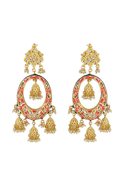 Gold Finish Orange Meenakari Kundan Polki Chandbali Earrings