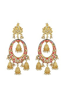 Gold Finish Orange Meenakari Kundan Polki Chandbali Earrings