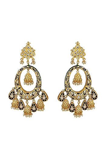 Gold Finish Black Meenakari Kundan Polki Chandbali Earrings
