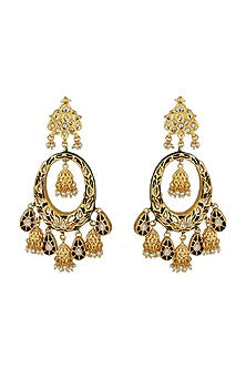 Gold Finish Black Meenakari Kundan Polki Chandbali Earrings
