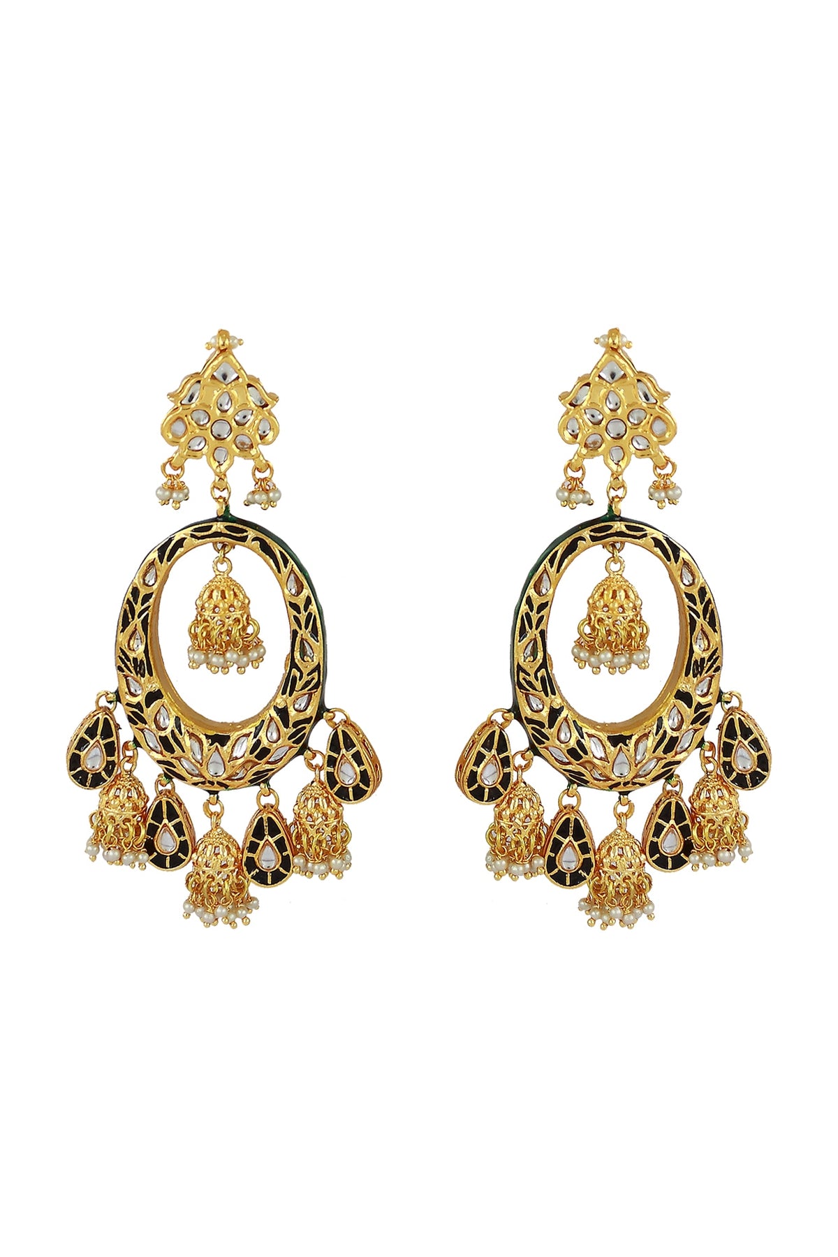Gold Finish Black Meenakari Kundan Polki Chandbali Earrings