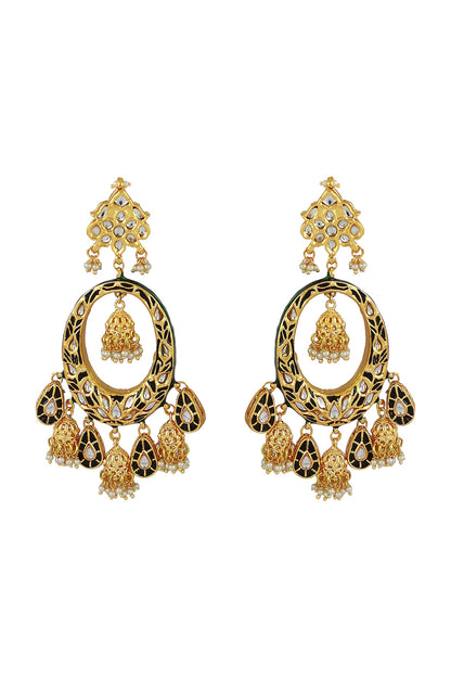 Gold Finish Black Meenakari Kundan Polki Chandbali Earrings