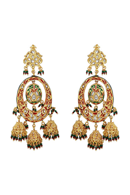 Gold Finish Red Meenakari Kundan Polki Chandbali Earrings