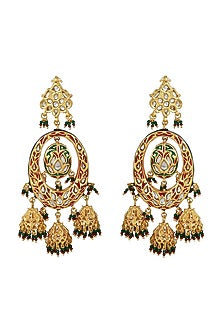 Gold Finish Red Meenakari Kundan Polki Chandbali Earrings