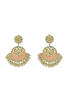 Gold Finish Peach Meenakari Kundan Polki Chandbali Earrings