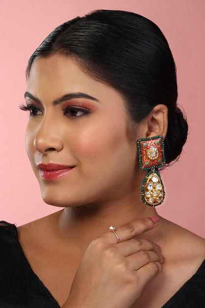 Gold Finish Kundan Polki Meenakari Dangler Earrings