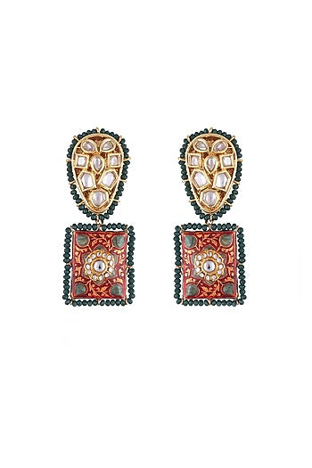 Gold Finish Kundan Polki Meenakari Dangler Earrings