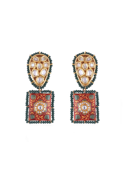 Gold Finish Kundan Polki Meenakari Dangler Earrings