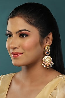 Gold Finish Kundan Polki Meenakari Layered Dangler Earrings