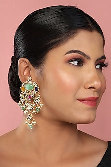 Gold Finish Navratna Kundan Polki Dangler Earrings