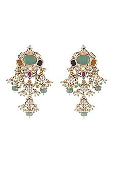 Gold Finish Navratna Kundan Polki Dangler Earrings