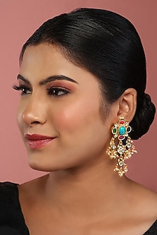 Gold Finish Navratna Kundan Polki Dangler Earrings