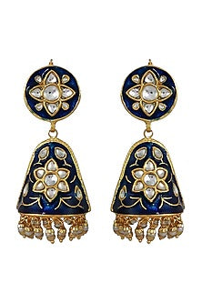 Gold Finish Pearl & Kundan Polki Chandbali Earrings