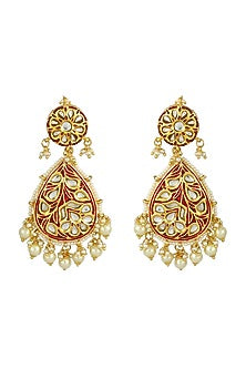 Gold Finish Kundan Polki Red Meenakari Earrings