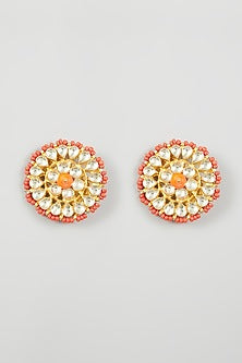 Gold Finish Orange Beaded Stud Earrings