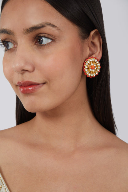 Gold Finish Orange Beaded Stud Earrings