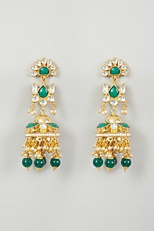 Gold Finish Green Stone Jhumka Earrings