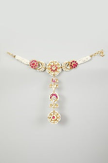 Gold Finish Pink Jadtar Stone Hathphool