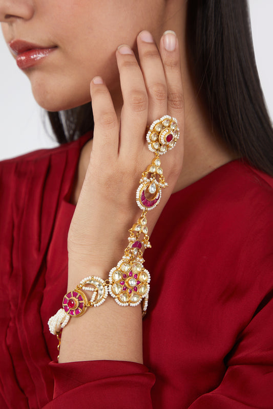 Gold Finish Pink Jadtar Stone Hathphool