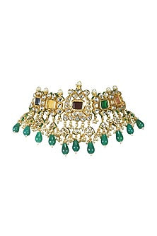 Gold Finish Navratna Jadtar Stones Choker Necklace