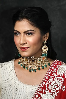 Gold Finish Navratna Jadtar Stones Choker Necklace