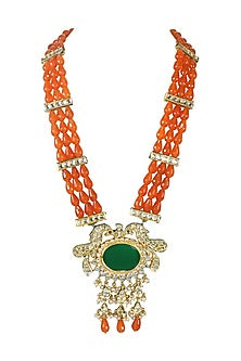Gold Finish Beaded Pendant Long Necklace