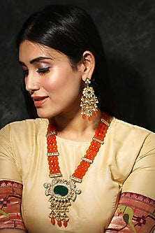 Gold Finish Beaded Pendant Long Necklace