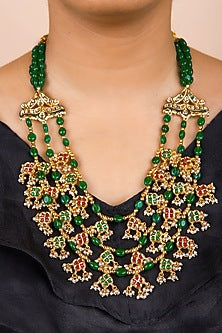 Gold Finish Red & Green Kundan Polki Long Necklace