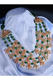 Gold Finish Red & Green Kundan Polki Long Necklace