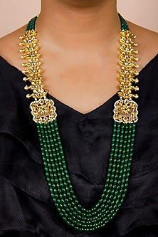 Gold Finish Emerald Green Kundan Polki Long Necklace