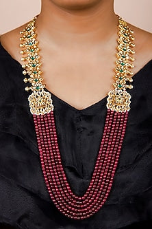 Gold Finish Ruby Red Kundan Polki Long Necklace
