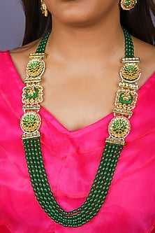 Gold Finish Emerald Green Kundan Polki Long Necklace Set