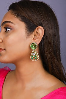 Gold Finish Emerald Green Kundan Polki Long Necklace Set