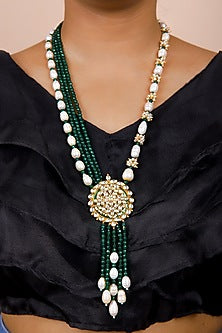 Gold Finish Emerald Green Kundan Polki Long Necklace Set