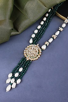 Gold Finish Emerald Green Kundan Polki Long Necklace Set