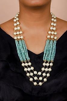 Gold Finish Semi-Precious Beaded & Pearl Long Necklace