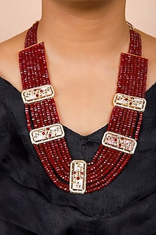 Gold Finish Ruby Red Kundan Polki Long Necklace