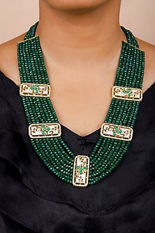 Gold Finish Emerald Green Kundan Polki Long Necklace