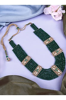 Gold Finish Emerald Green Kundan Polki Long Necklace