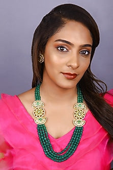 Gold Finish Emerald Green Kundan Polki Long Necklace Set