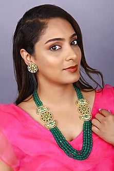 Gold Finish Emerald Green Kundan Polki Long Necklace Set