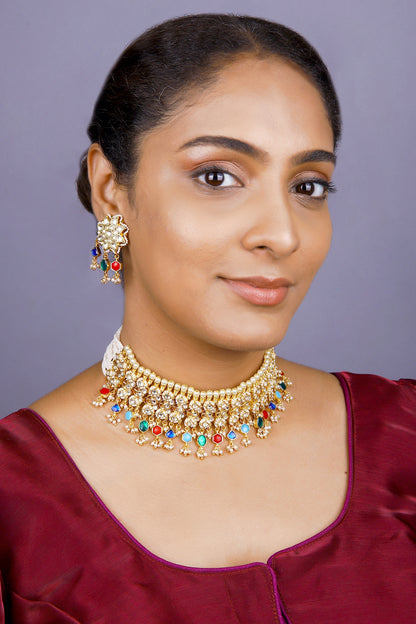 Gold Finish Kundan Polki & Navratna Stone Choker Necklace Set