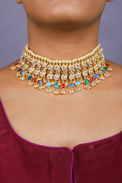 Gold Finish Kundan Polki & Navratna Stone Choker Necklace Set