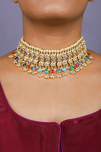 Gold Finish Kundan Polki & Navratna Stone Choker Necklace Set