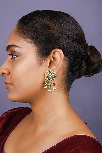 Gold Finish Kundan Polki & Navratna Stone Choker Necklace Set