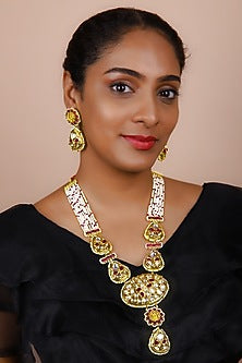 Gold Finish Pink Kundan Polki Long Necklace Set