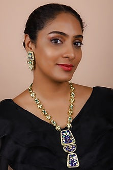 Gold Finish Deep Blue Kundan Polki Long Necklace Set
