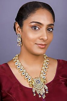 Gold Finish Blue Kundan Polki Long Necklace Set