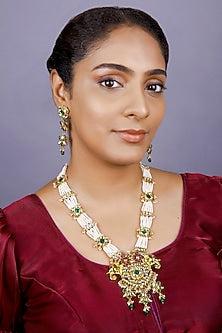 Gold Finish Emerald Green Kundan Polki Long Necklace Set