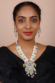 Gold Finish Blue Kundan Polki Long Necklace Set